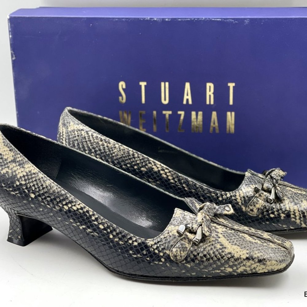 Stuart Weitzman Snakeskin Leather Pumps 7 M Black Tan Square Toe Kitten Heel